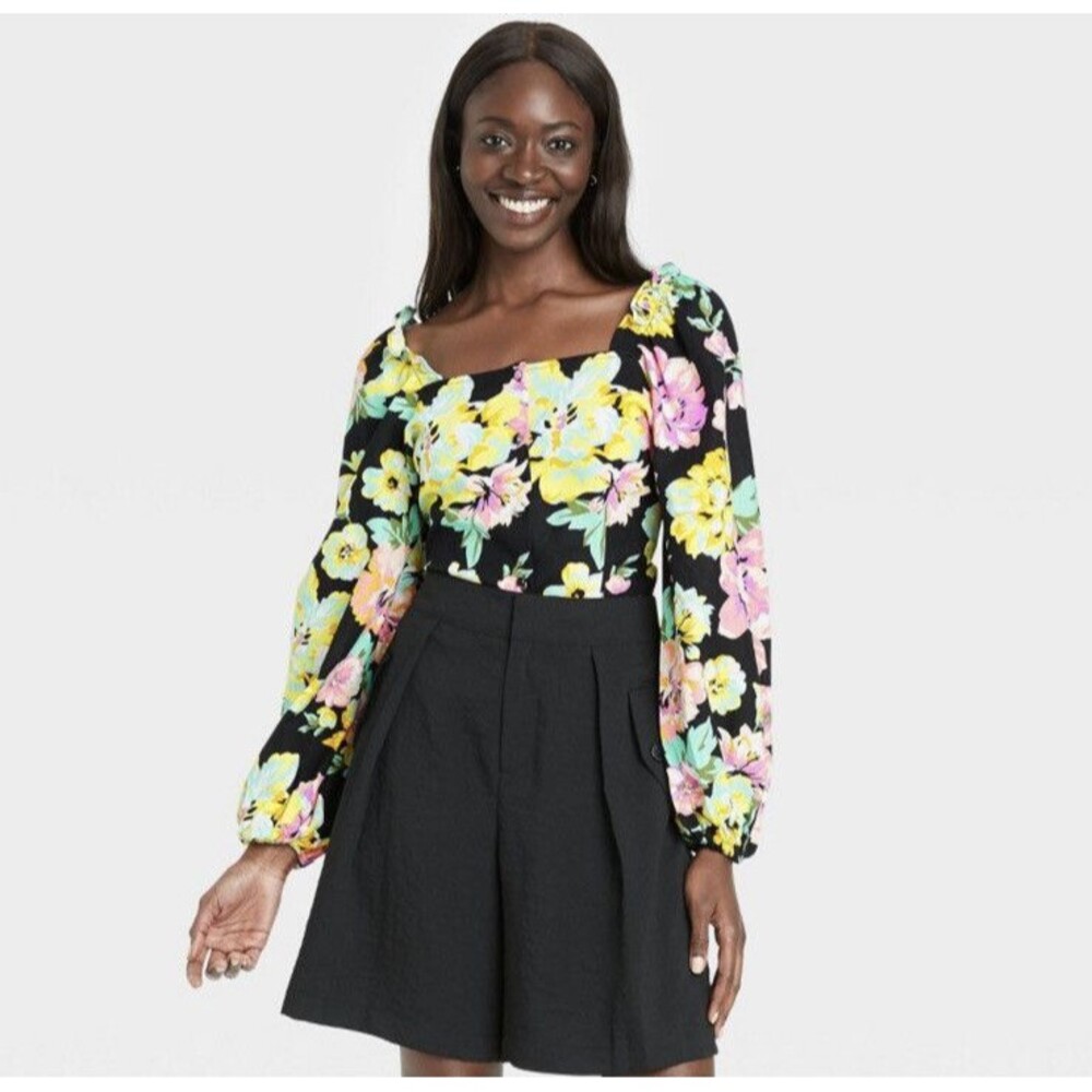 Who What Wear Floral Black Long Sleeve Linen Square Neck Top Size Large NWT! - Picture 3 of 7